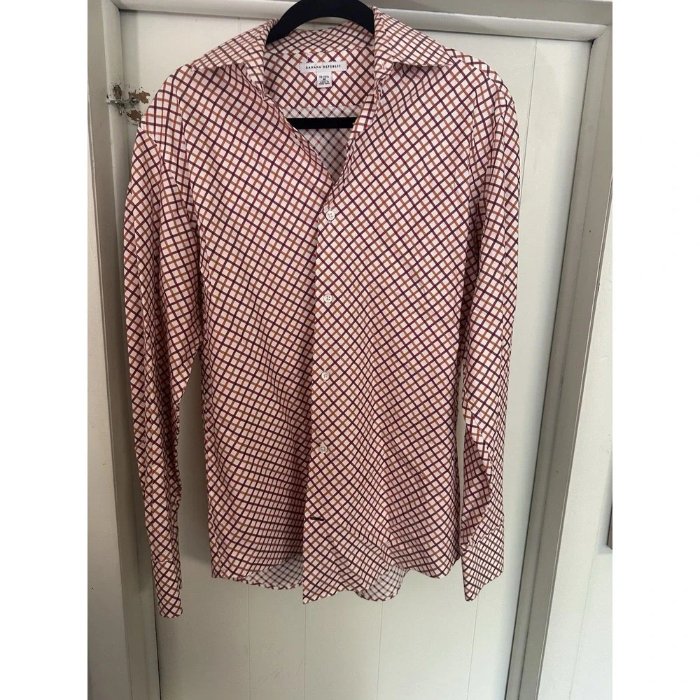 Banana Republic Dress Shirt Mens M 15-15 1/2 Plaid Orange /‎ Cranberry / Cream